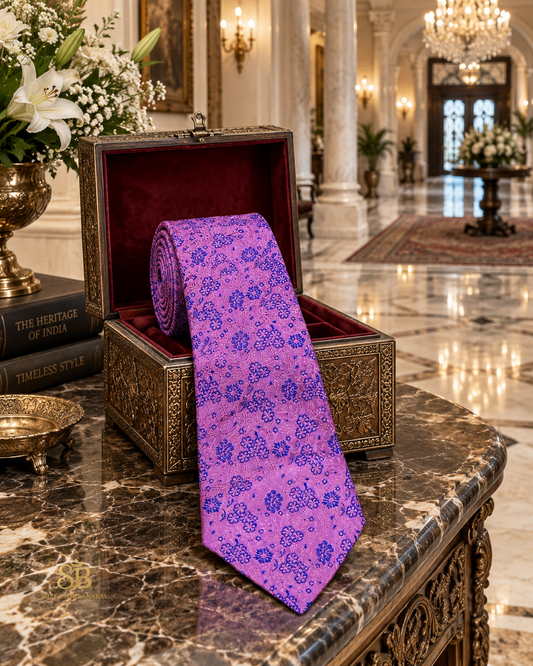 Violet purple pure silk brocade Banarasi handloom necktie with hand-woven floral garden design