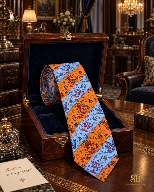 Sky blue and orange pure raw silk Banarasi handloom necktie with hand-printed striped paisley design
