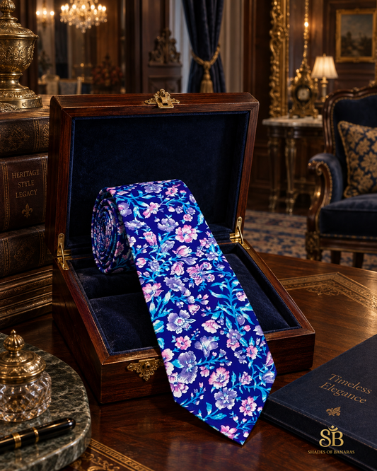 Royal blue pure raw silk Banarasi handloom necktie with hand-printed floral bloom design