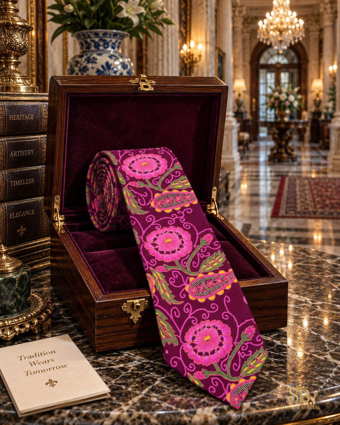 Wine maroon pure raw silk Banarasi handloom necktie with hand-printed floral blossom design