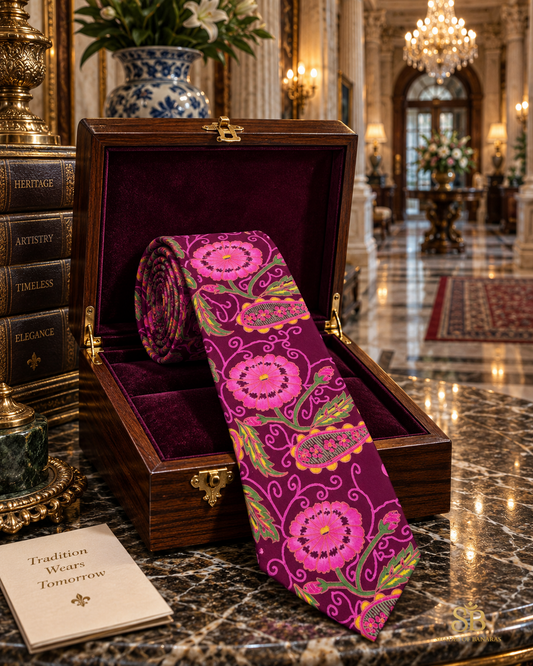 Wine maroon pure raw silk Banarasi handloom necktie with hand-printed floral blossom design