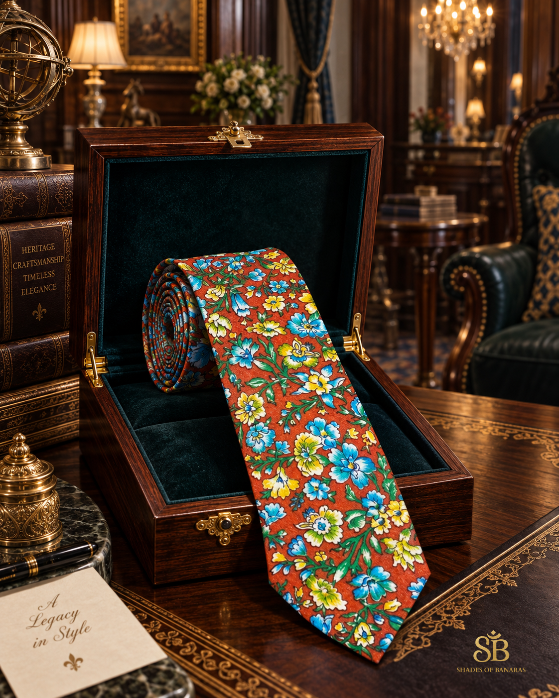 Ember orange pure raw silk Banarasi handloom necktie with hand-printed floral design