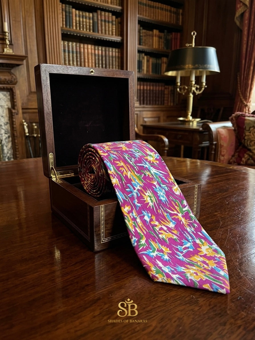 Magenta pure raw silk Banarasi handloom necktie with hand-printed multicolour abstract design