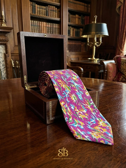 Magenta pure raw silk Banarasi handloom necktie with hand-printed multicolour abstract design