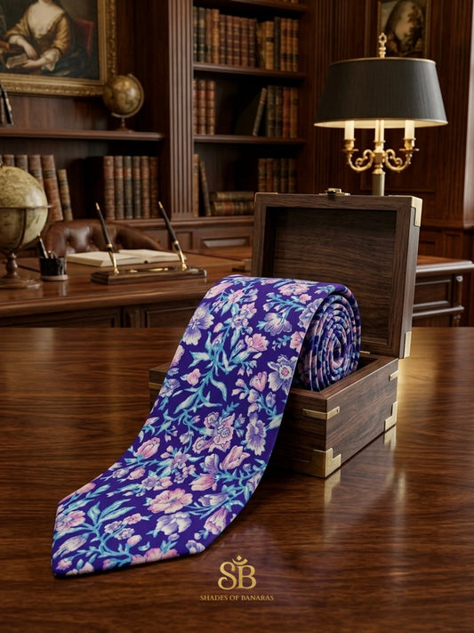 Indigo purple pure raw silk Banarasi handloom necktie with hand-printed floral bloom design