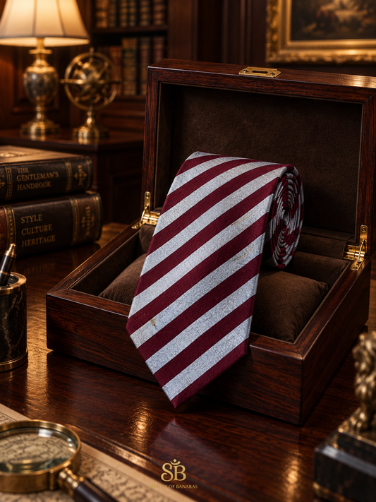 Maroon and grey pure raw silk Banarasi handloom necktie with hand-woven diagonal stripe design