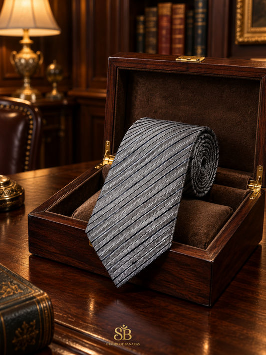 Charcoal grey pure raw silk Banarasi handloom necktie with hand-woven diagonal stripe design