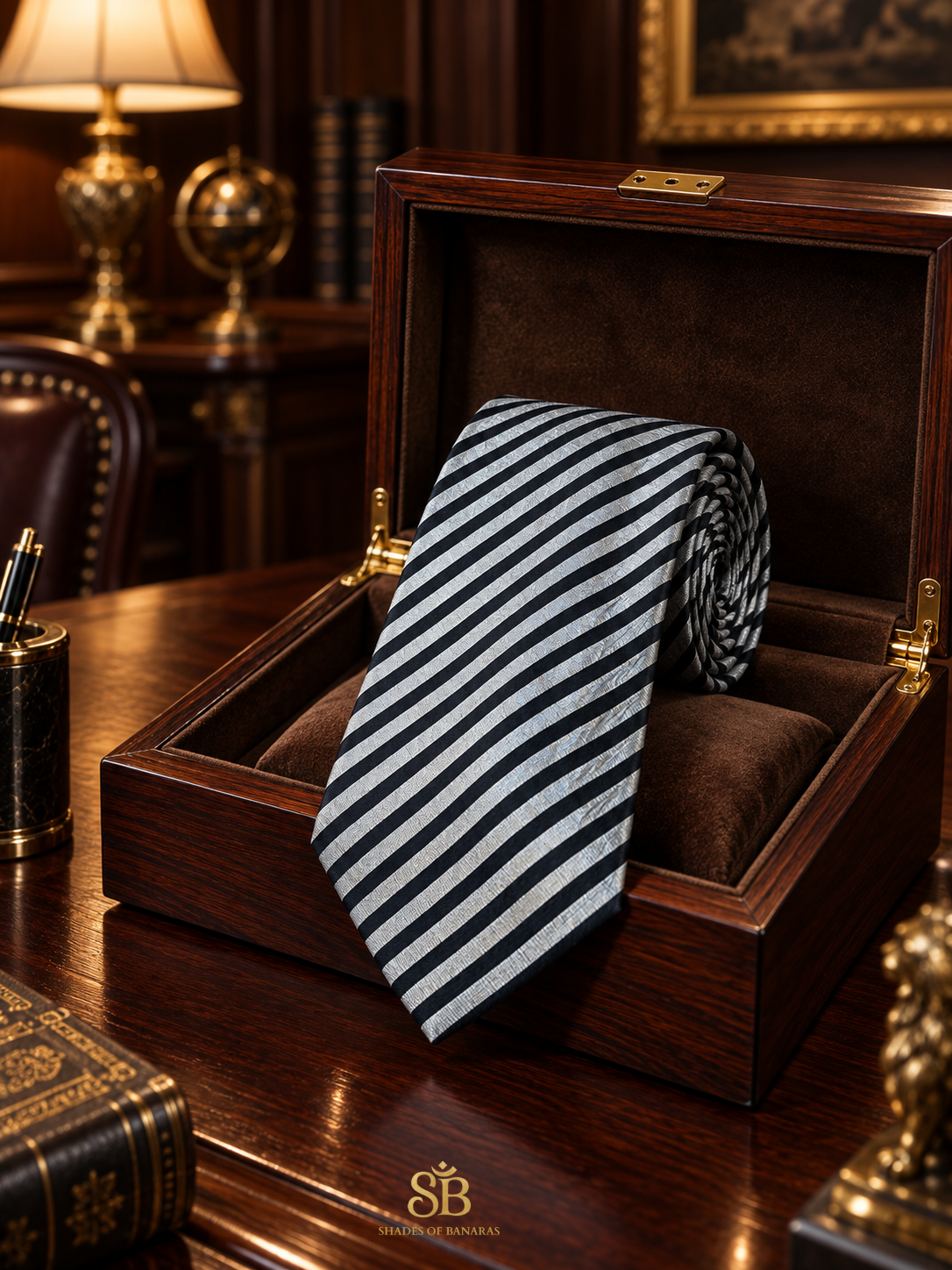Black and silver pure raw silk Banarasi handloom necktie with hand-woven bold diagonal stripe design