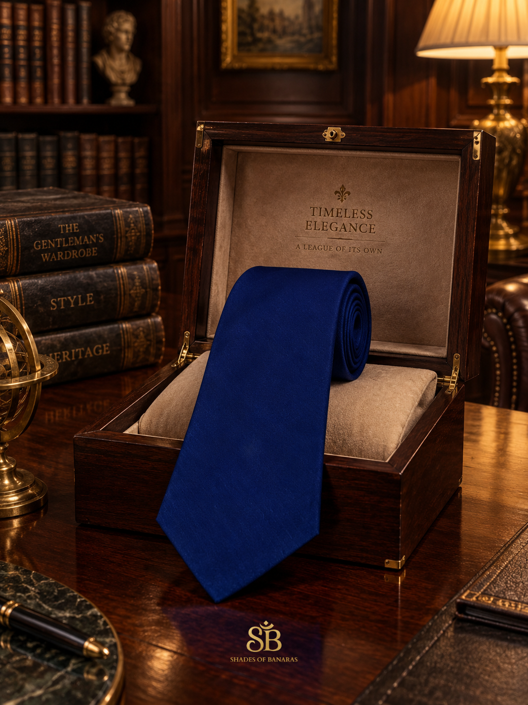 Royal blue pure silk Banarasi handloom necktie with plain weave finish