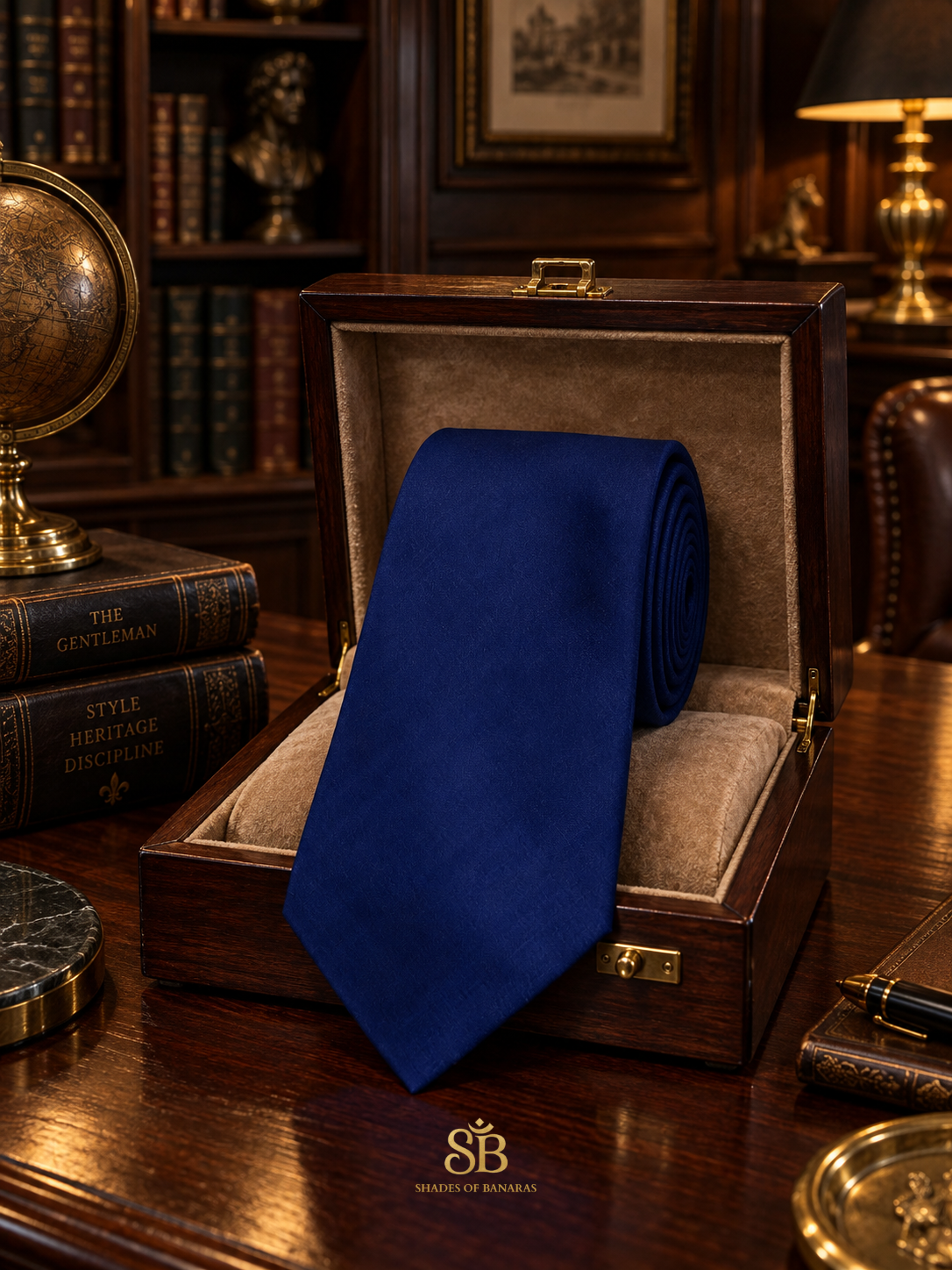 Cobalt blue pure silk Banarasi handloom necktie with plain weave finish