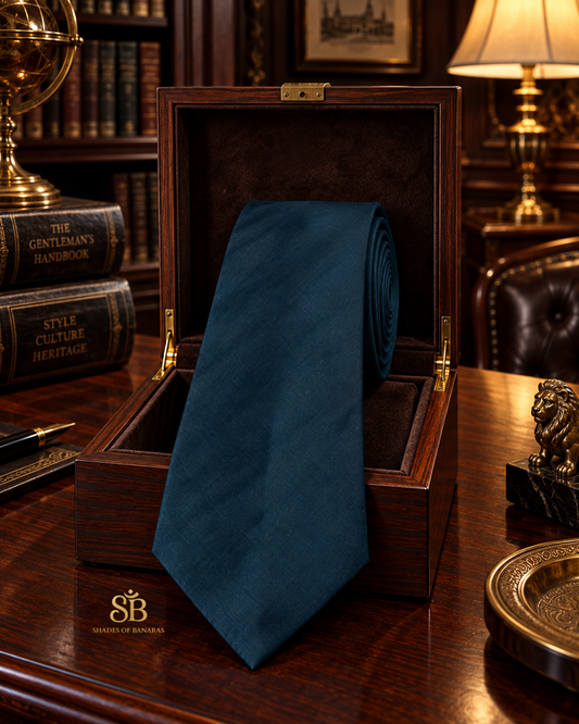 Deep teal blue pure silk Banarasi handloom necktie with plain weave finish