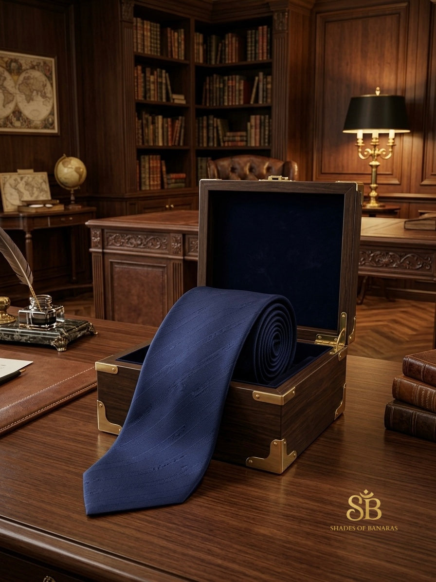 Navy blue pure raw silk Banarasi handloom necktie from Varanasi with plain weave finish
