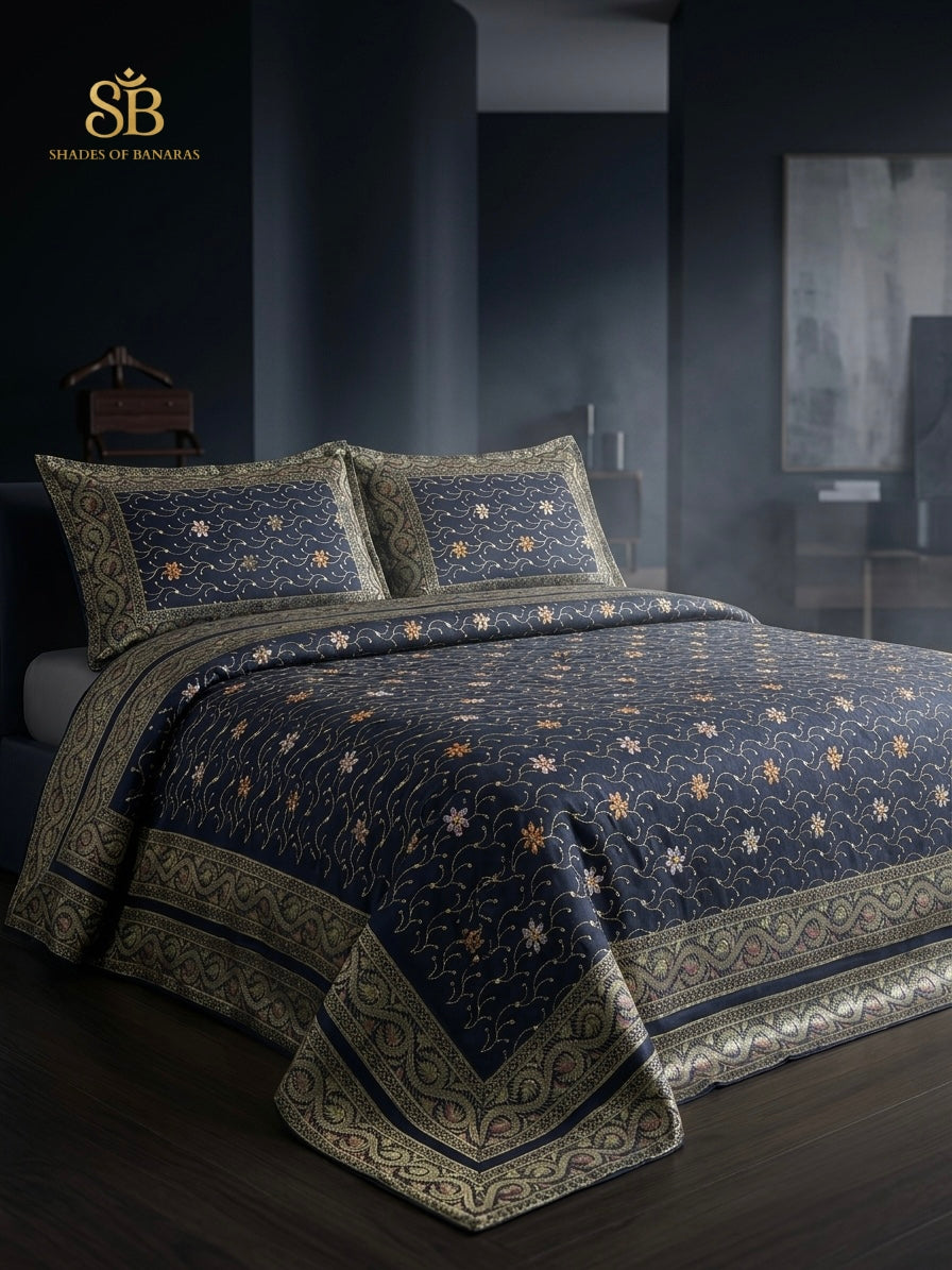 Starlit Navy Blue Couture Handloom Banarasi Dupion Silk Bedcover with Pillow Covers - Shades of Banaras