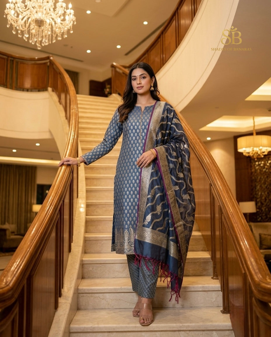 Steel Blue Prestige Handloom Pure Cotton Silk Banarasi Suit Set