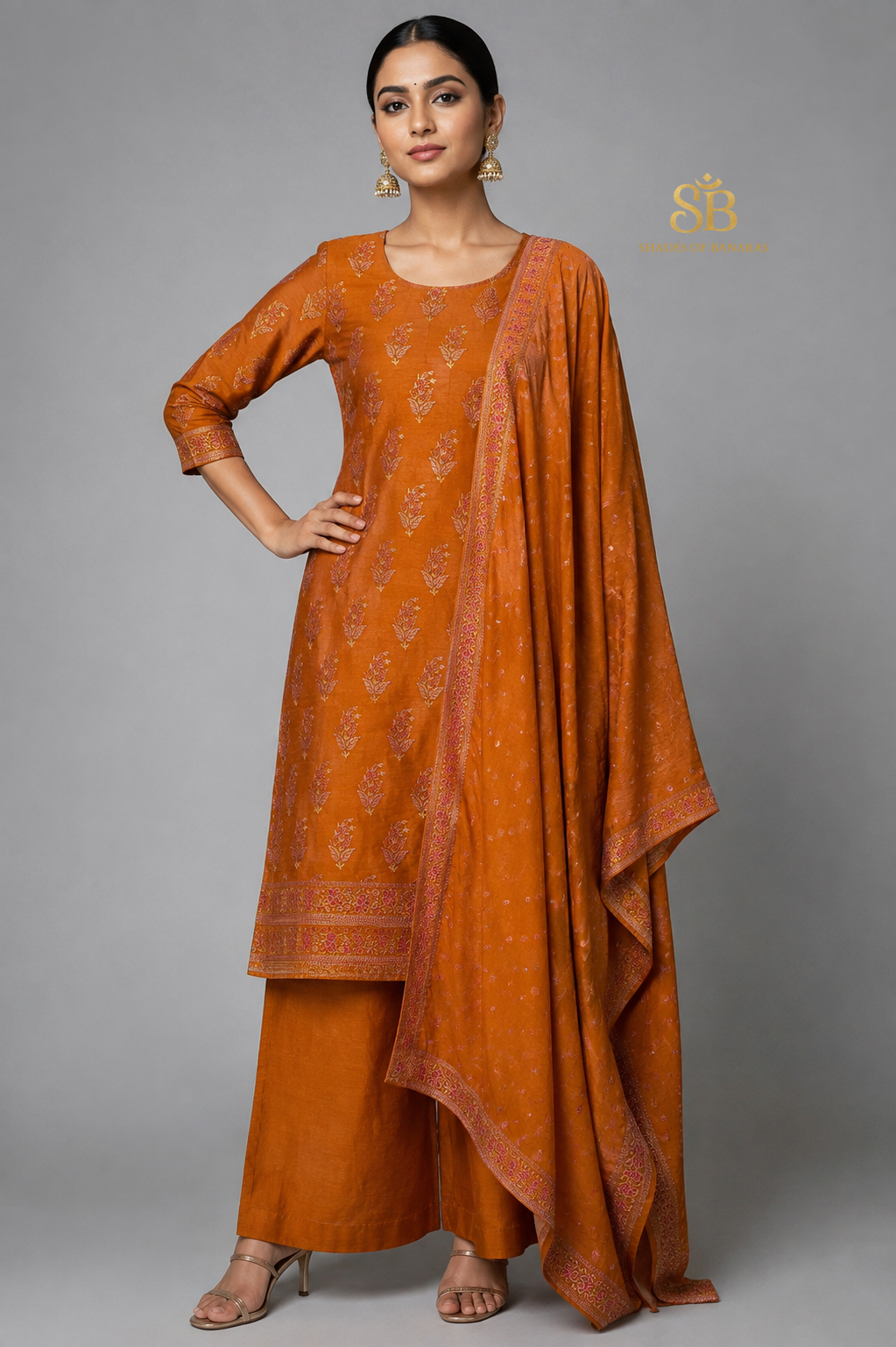 Sunlit Amber Orange Couture Handloom Banarasi Katan Silk Suit Set - Shades of Banaras