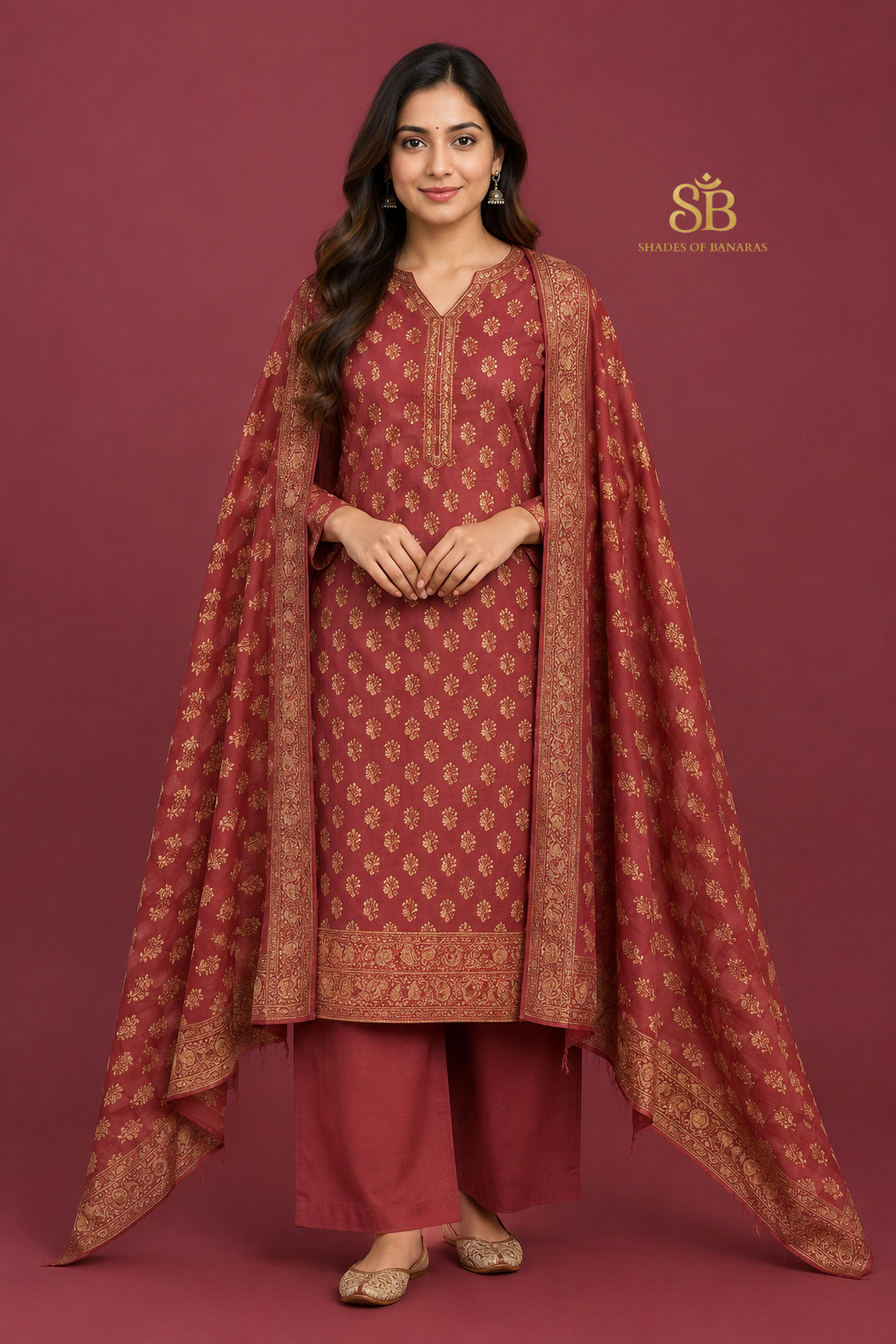 Dusky Sunset Peach Pure Cotton Silk Banarasi Suit Set - Shades of Banaras