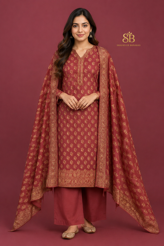Dusky Sunset Peach Pure Cotton Silk Banarasi Suit Set - Shades of Banaras