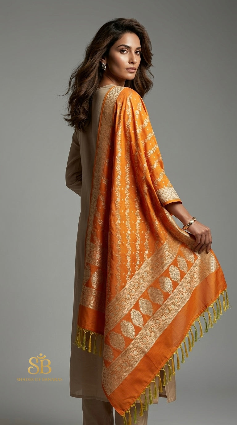 Tangerine Gold Orange Luxe Handloom Banarasi Katan Silk Dupatta - Shades of Banaras