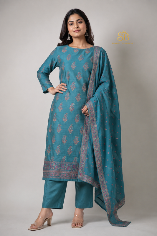 Serene Teal Blue Pure Cotton Silk Banarasi Suit Set - Shades of Banaras