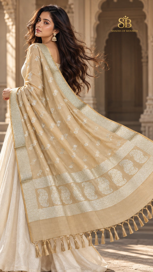 Vanilla creme katan soft silk Banarasi handloom dupatta with tone-on-tone cutwork butis from Banaras, held open to show the full drape