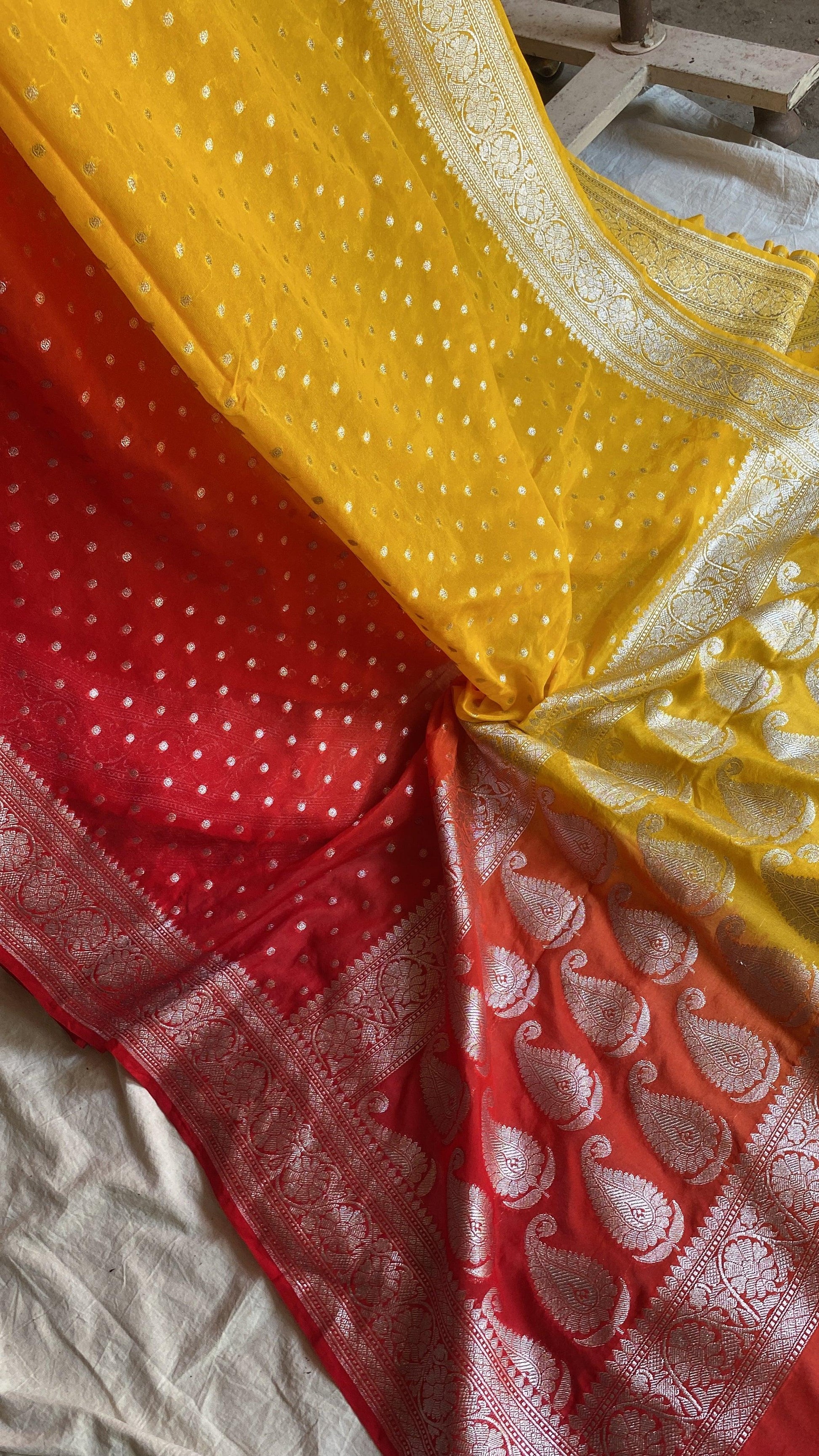 Vibrant and Timeless: Handwoven Yellow & Red Pure Chiffon Banarasi Sari by Shades Of Benares - banarasi - banarasi saree shop