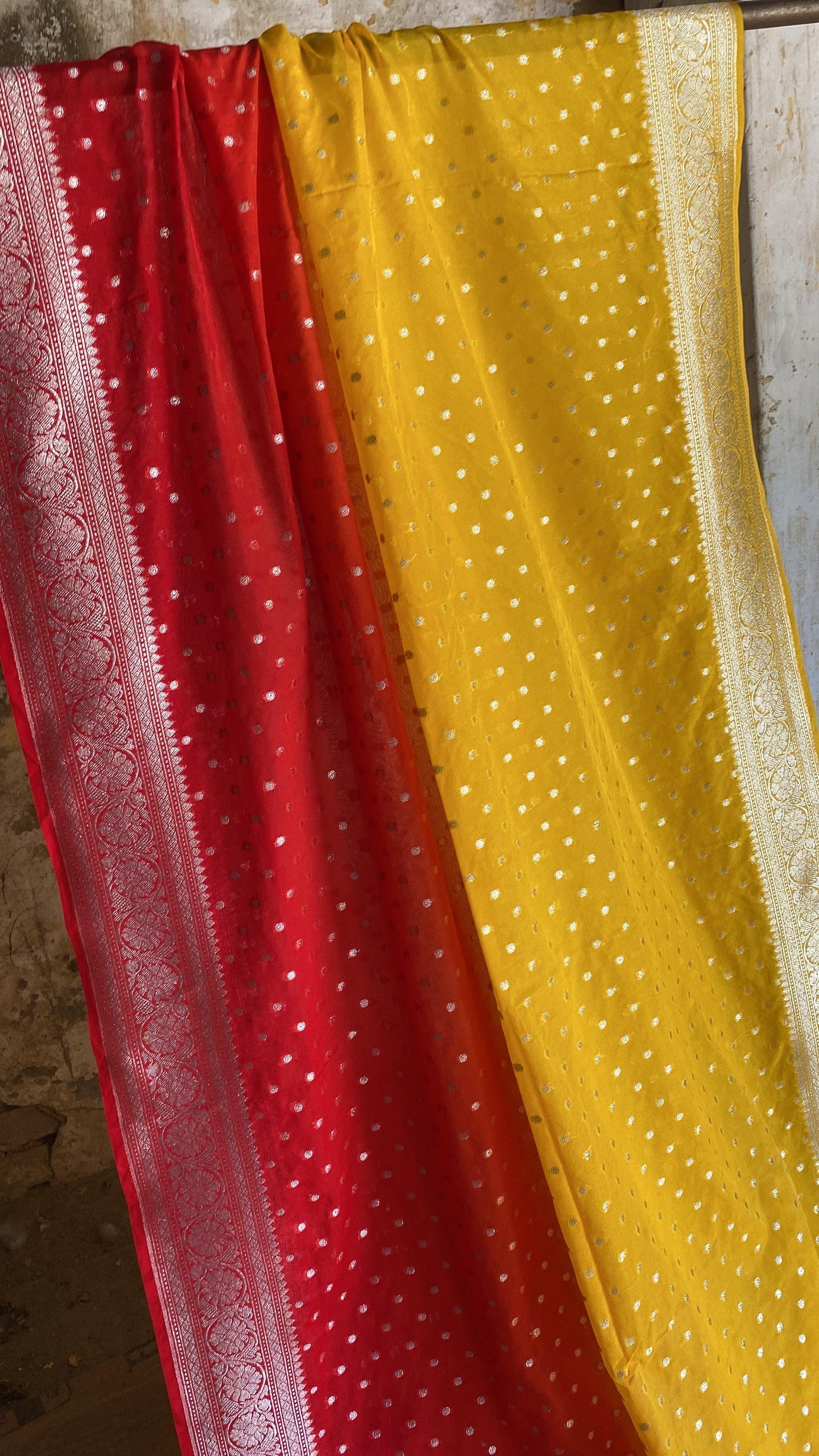 Vibrant and Timeless: Handwoven Yellow & Red Pure Chiffon Banarasi Sari by Shades Of Benares - banarasi - banarasi saree shop