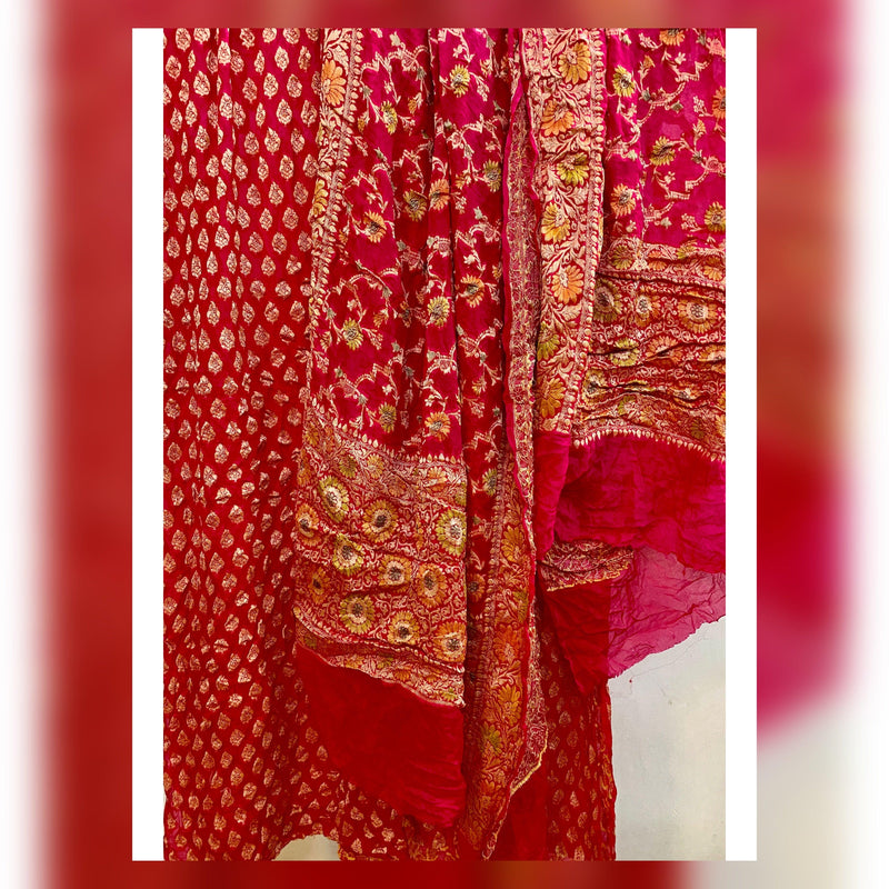 Vibrant Hand Brush Dye Hot Pink 3 pcs Khaddi Georgette Banarasi Dress Material - Shades Of Benares