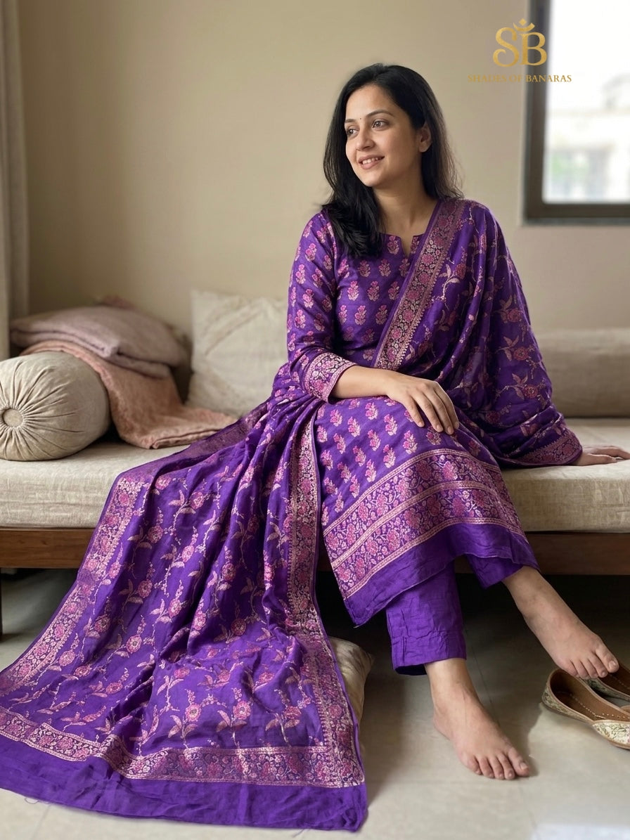 Vibrant Iris Purple Luxe Handloom Banarasi Katan Silk Suit Set - Shades of Banaras