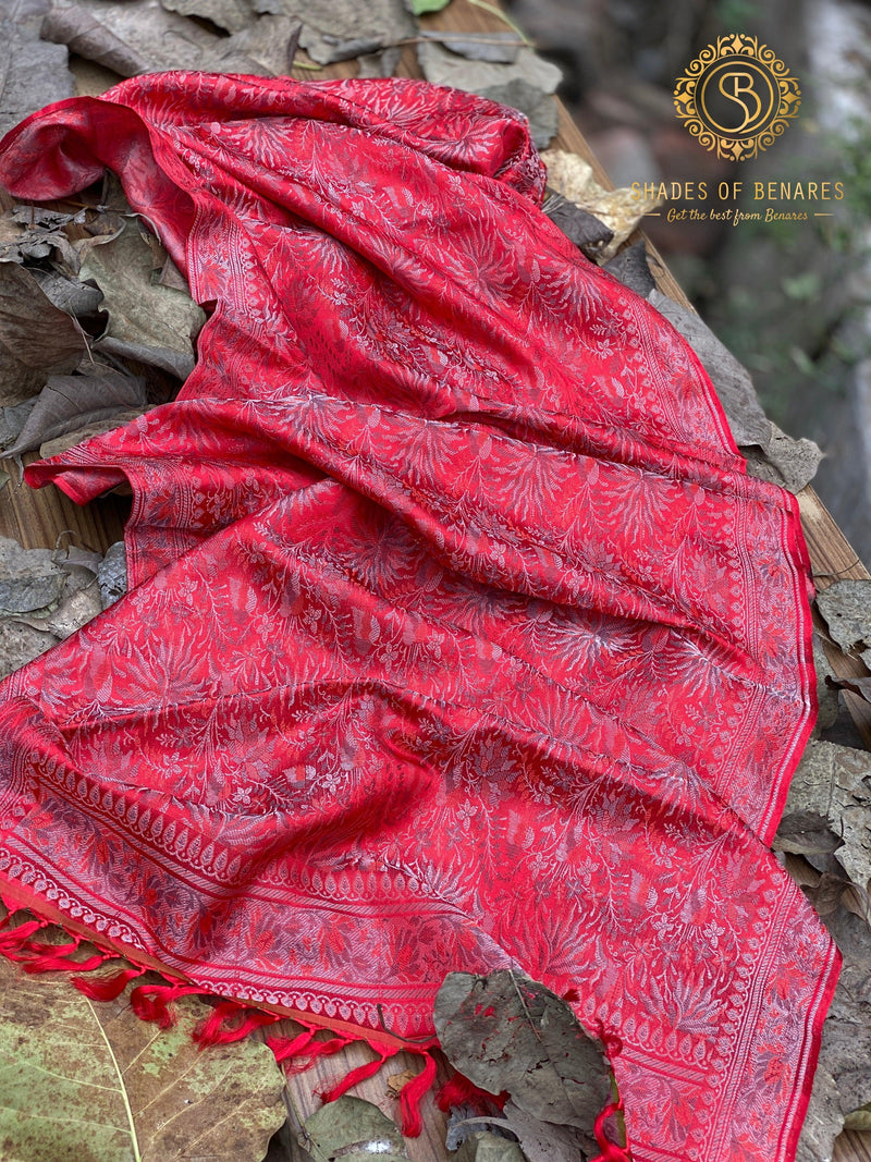 Vibrant Red Handloom Banarasi Silk Scarf - Shades Of Benares