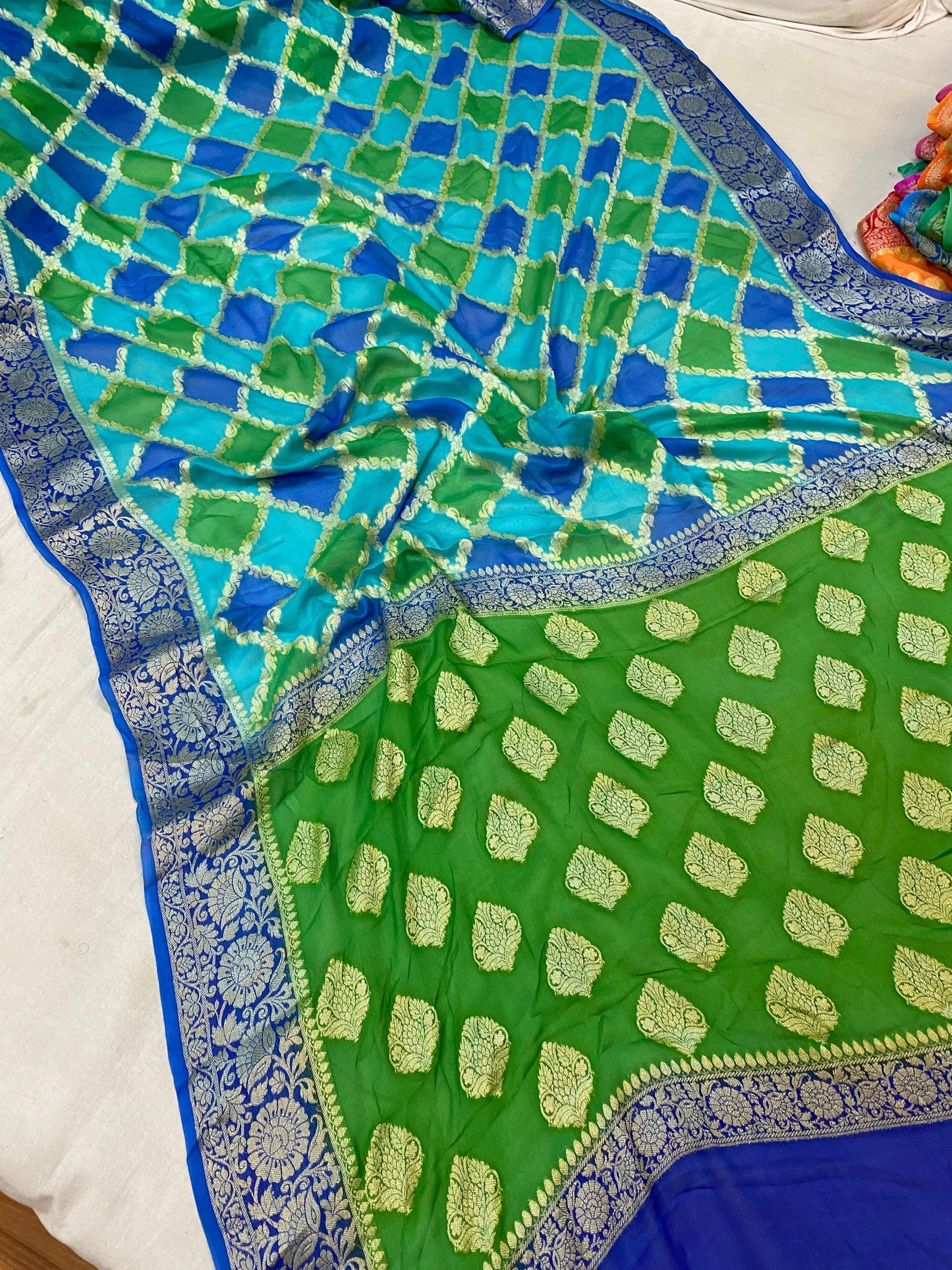 Vibrant Sophistication: Blue & Green Rangkaat Pure Khaddi Georgette Banarasi Saree by Shades Of Benares - banarasi - banarasi saree shop