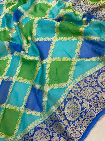 Vibrant Sophistication: Blue & Green Rangkaat Pure Khaddi Georgette Banarasi Saree by Shades Of Benares - banarasi - banarasi saree shop