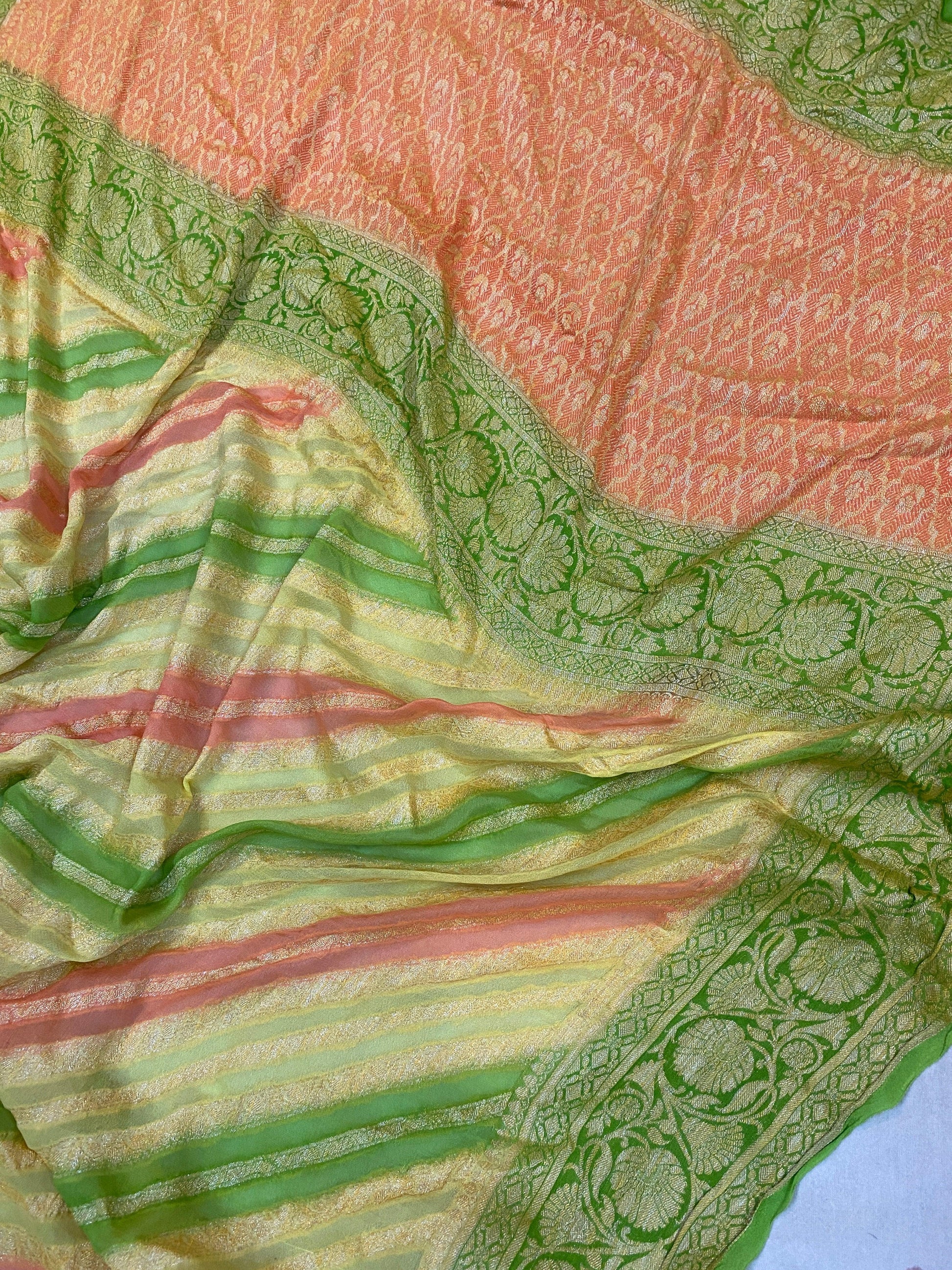 Vibrant Sophistication: Green Rangkaat Pure Khaddi Georgette Banarasi Sari by Shades Of Benares - banarasi - banarasi saree shop