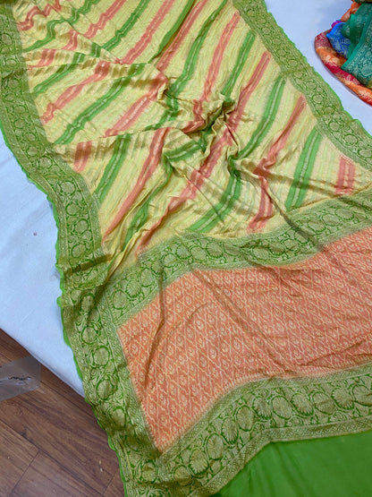 Vibrant Sophistication: Green Rangkaat Pure Khaddi Georgette Banarasi Sari by Shades Of Benares - banarasi - banarasi saree shop