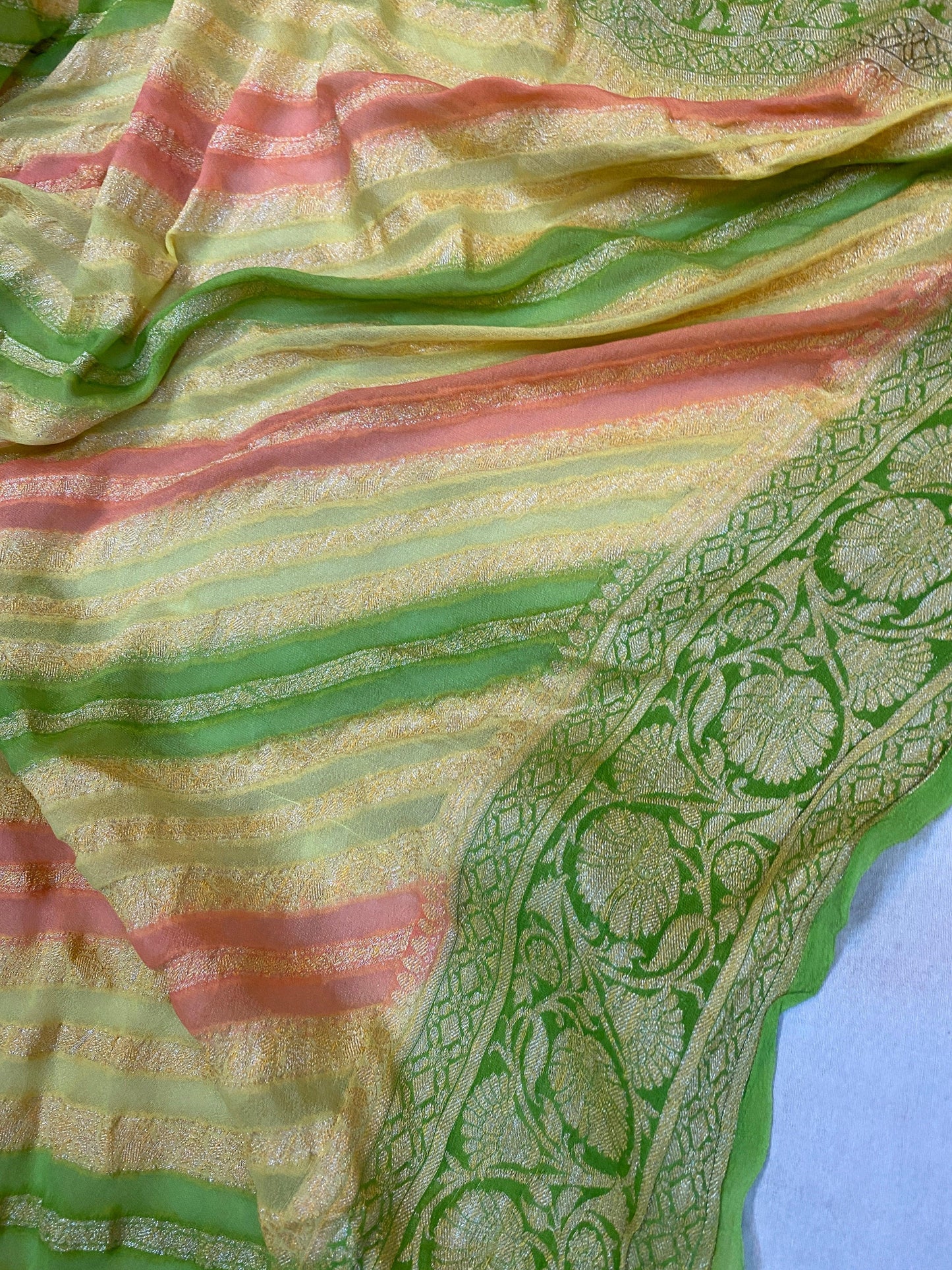 Vibrant Sophistication: Green Rangkaat Pure Khaddi Georgette Banarasi Sari by Shades Of Benares - banarasi - banarasi saree shop