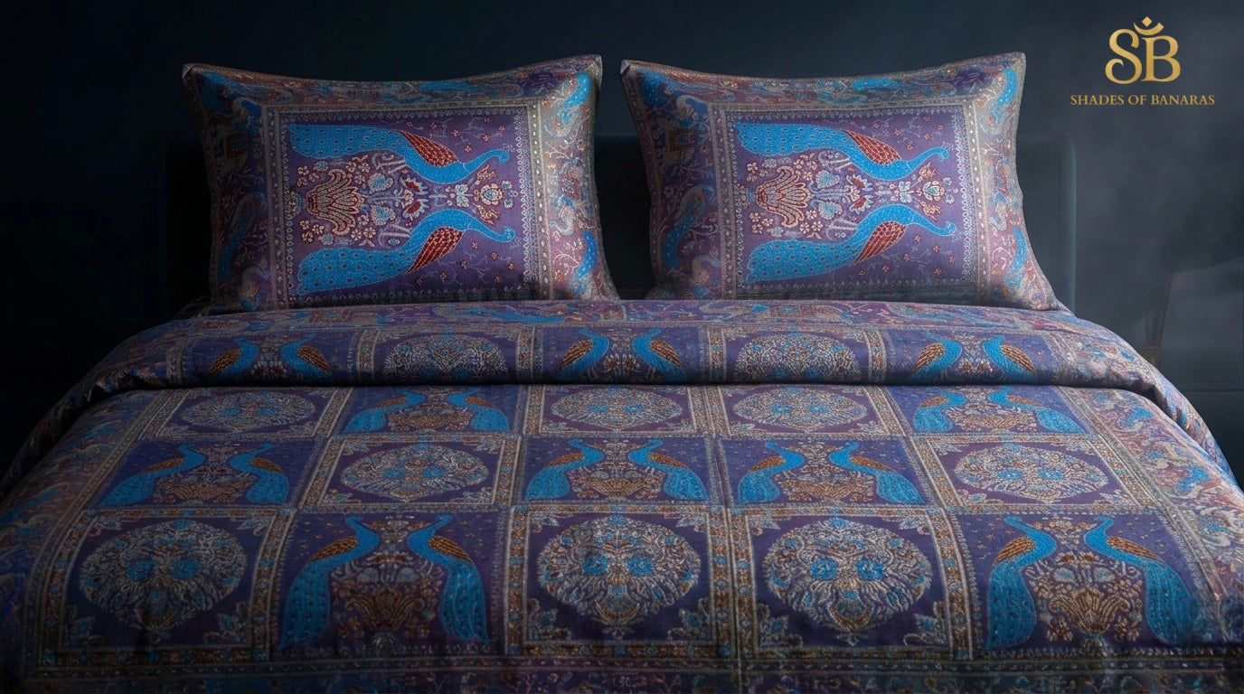 Violet Peacock Blue Luxe Handloom Banarasi Brocade Bedcover with Pillow Covers - Shades of Banaras