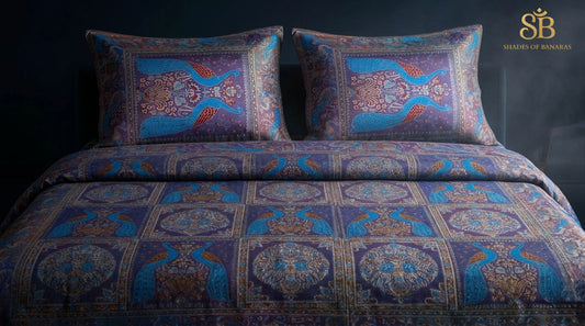 Violet Peacock Blue Luxe Handloom Banarasi Brocade Bedcover with Pillow Covers - Shades of Banaras