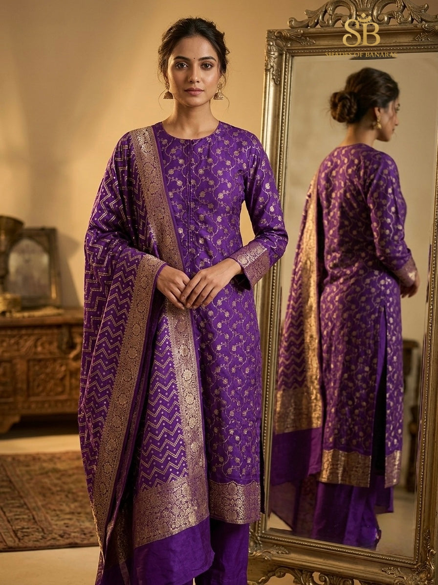 Twilight Violet Purple Pure Cotton Silk Banarasi Suit Set - Shades of Banaras