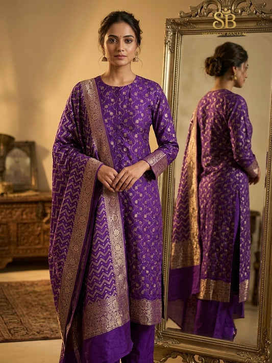 Twilight Violet Purple Pure Cotton Silk Banarasi Suit Set - Shades of Banaras