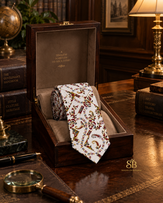 White pure silk Banarasi handloom necktie with hand printed persian floral design - Shades of Banaras