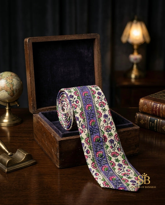 White pure silk Banarasi handloom necktie from Varanasi with hand printed floral stripe