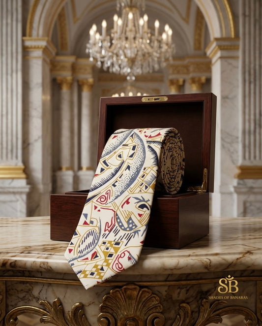 White pure silk Banarasi handloom necktie from Varanasi with hand printed abstract swirl