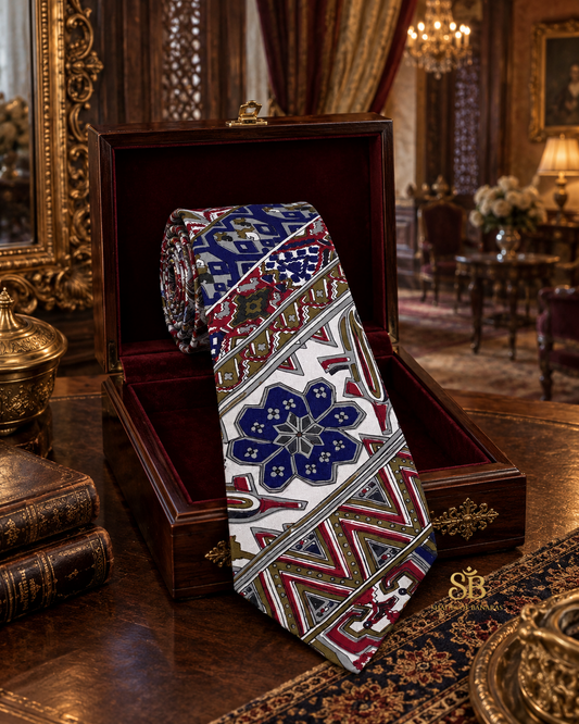 White pure silk Banarasi handloom necktie with hand printed uzbek geometric design - Shades of Banaras