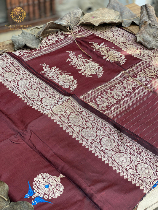 Wine Luxurious Handwoven Banarasi Silk Saree with Kadhwa Minakari Motifs by Shades Of Benares - banarasi - banarasi saree shop