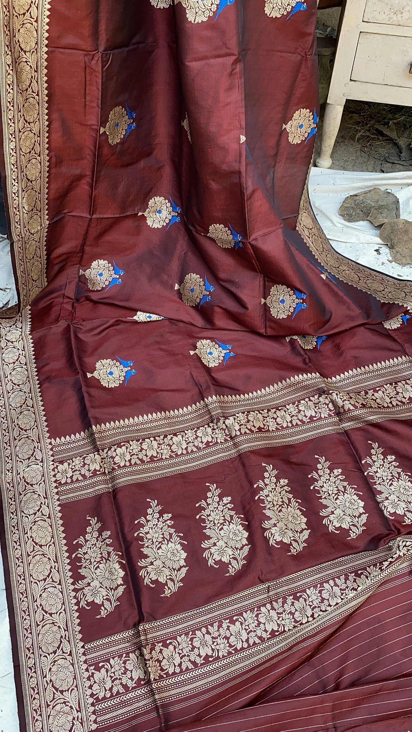 Wine Luxurious Handwoven Banarasi Silk Saree with Kadhwa Minakari Motifs by Shades Of Benares - banarasi - banarasi saree shop