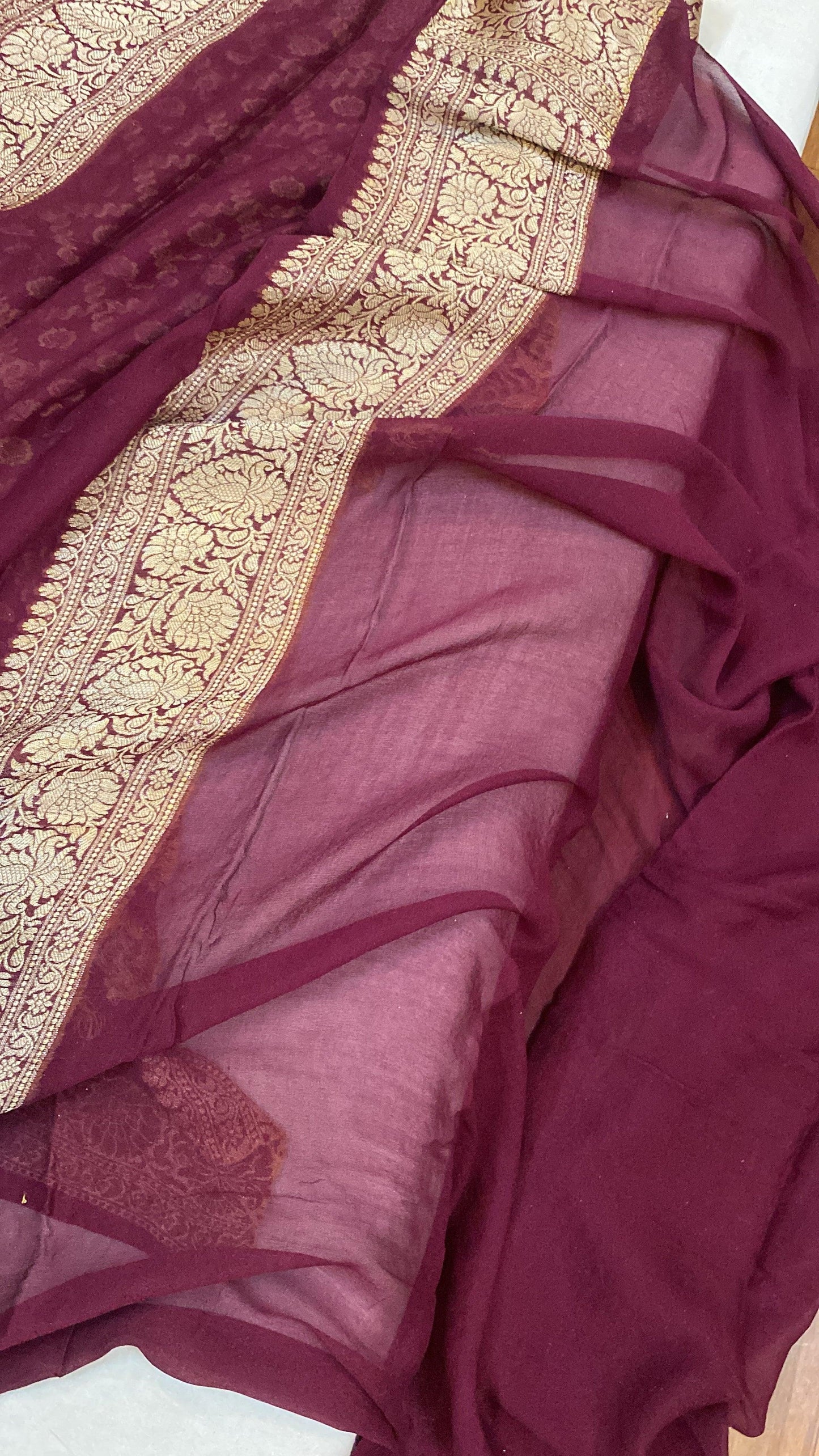 Wine Pure Khaddi Georgette Banarasi Sari by Shades Of Benares - banarasi - banarasi saree shop