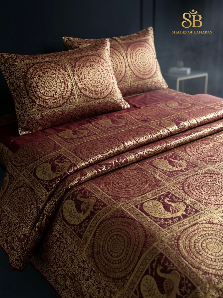 Wine Royale Maroon Couture Handloom Banarasi Brocade Bedcover with Pillow Covers - Shades of Banaras