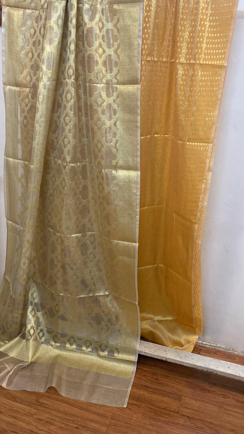 Yellow Banarasi cotton handloom 3 pcs suit set with Tissue Dupatta - Shades Of Benares