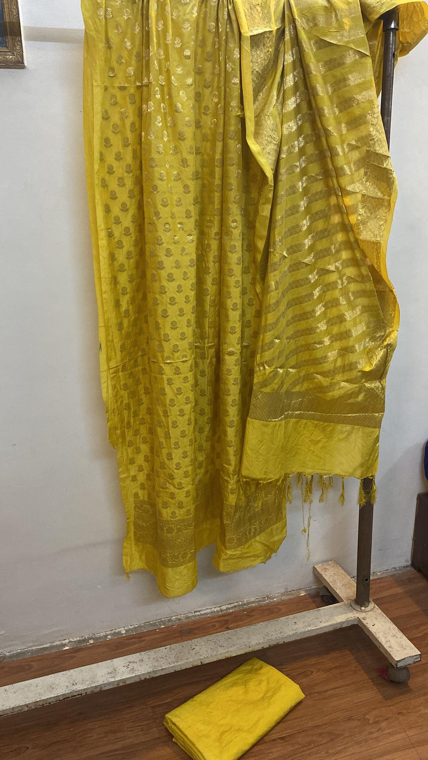 Yellow Banarasi cotton silk handloom 3 pcs suit set by Shades Of Benares - banarasi - banarasi saree shop