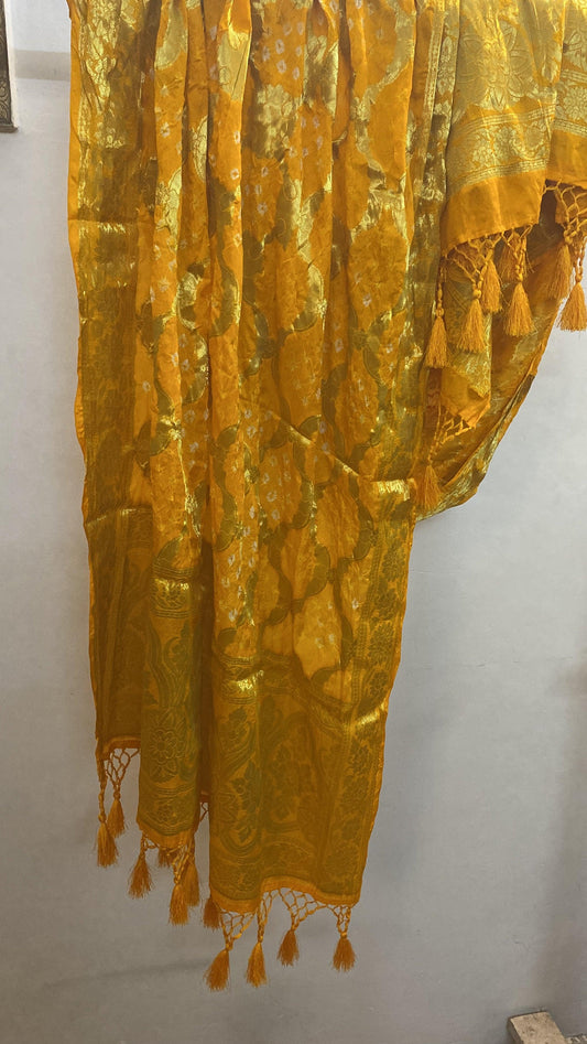 Yellow Georgette Bandhani Dupatta by Shades Of Benares - banarasi - banarasi saree shop