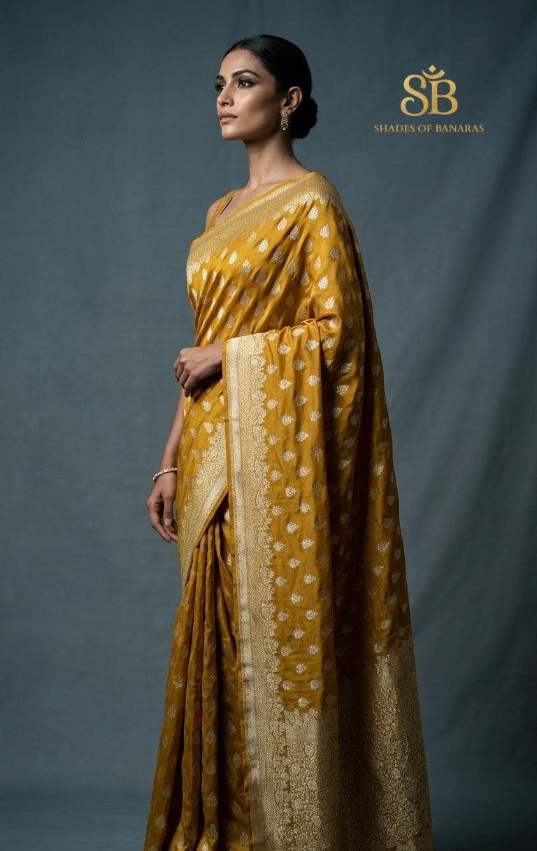 Giallo Sontuoso yellow mango silk Banarasi saree with matt gold zari cutwork butis